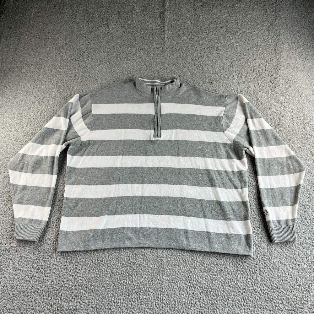 Adidas Sweater Mens Extra Large Gray White Striped 1/4 Zip‎ Pullover Outdoor